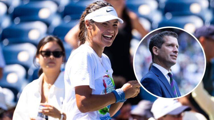 Emma Raducanu in training at the US Open, with an inset of Tim Henman at Wimbledon in 2024.