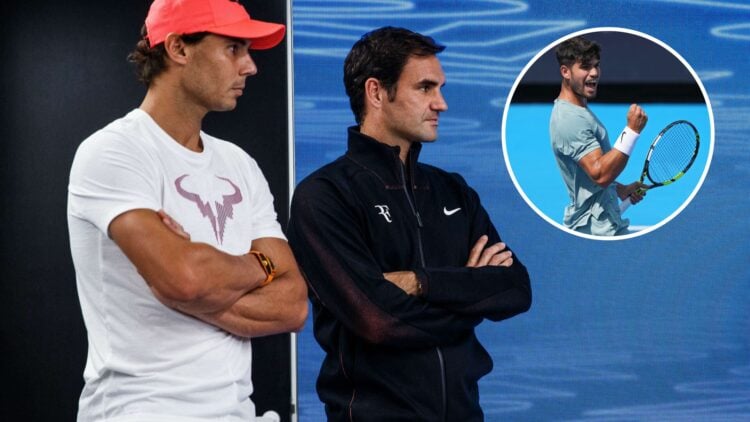 Rafael Nadal and Roger Federer receive the International Tennis Writers Association Ambassadors of the Year Award in 2018, inset Carlos Alcaraz cel...