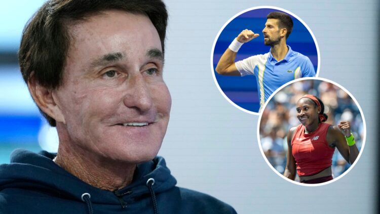 Image of Rick Macci during an interview with Fox News in 2022, inset of Novak Djokovic celebrating his win over Ben Shelton at the 2023 US Open, in...