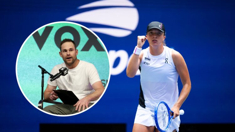 Iga Swiatek celebrates at the US Open in 2025, with an inset of Andy Roddick speaking at the Served live podcast at the Vox Media Podcast Stage pre...
