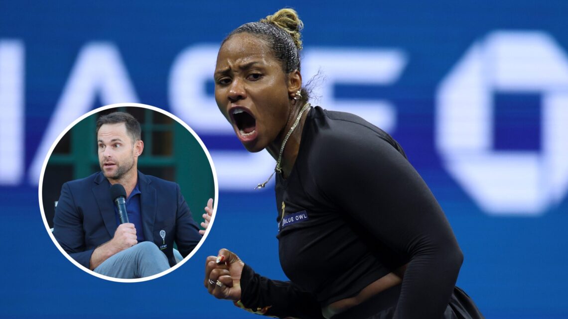 Taylor Townsend celebrating at the US Open, with an inset of Andy Roddick speaking during the International Tennis Hall of Fame induction ceremony ...