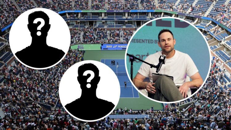 A general view of Arthur Ashe Stadium with an inset of Andy Roddick speaking onstage during the 2025 SXSW Conference and Festival at Austin Convent...