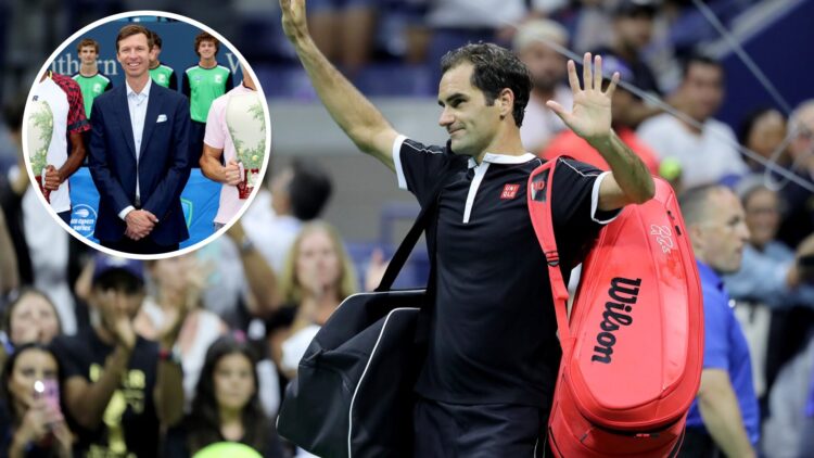 Roger Federer of Switzerland waves to the fans as he walks off the court after his loss to Grigor Dimitrov of Bulgaria during quarterfinal Men's Si...