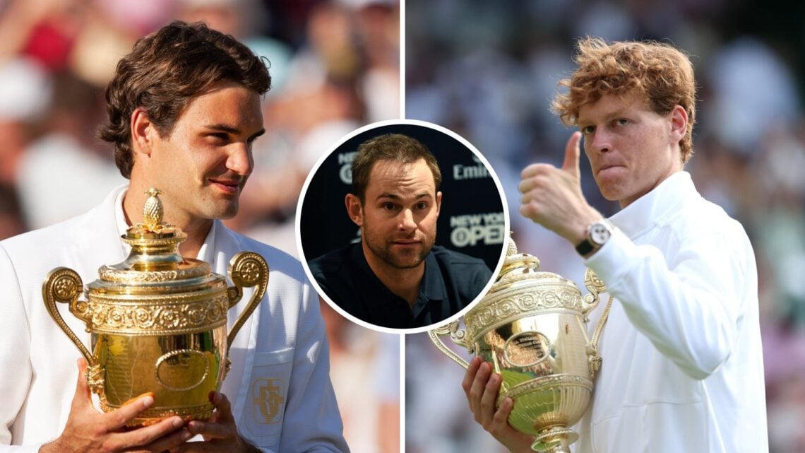 Split image of Roger Federer holding the trophy after winning Wimbledon in 2007, image of Jannik Sinner holding the Wimbledon trophy after winning ...