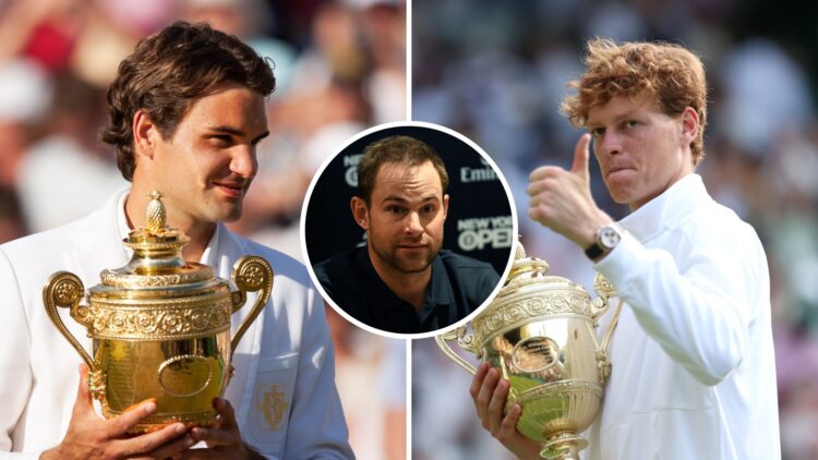 Split image of Roger Federer holding the trophy after winning Wimbledon in 2007, image of Jannik Sinner holding the Wimbledon trophy after winning ...