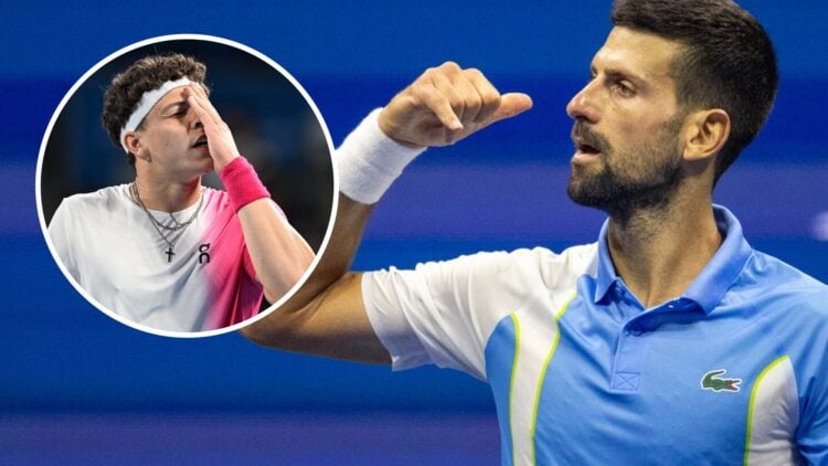 Novak Djokovic celebrating at the US Open in 2023, with an inset of Ben Shelton reacting in 2023.