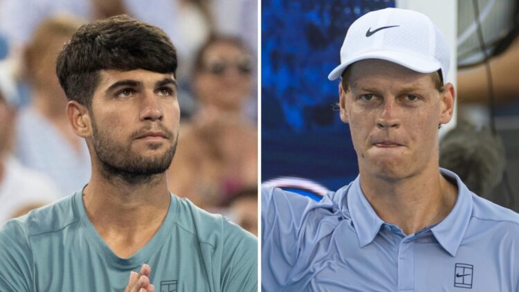 Carlos Alcaraz (L) looks on at the Cincinnati Open, Jannik Sinner (R) celebrates at the Cincinnati Open.
