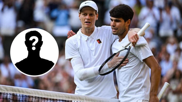 Jannk Sinner embraces Carlos Alcaraz at the net after the Wimbledon final, with a mystery inset.