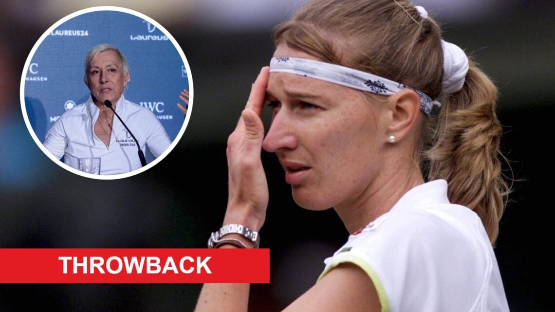 Steffi Graf looks on during the Wimbledon final in 1999, with an inset of Martina Navratilova during a press conference at the Palacio de Cibeles.