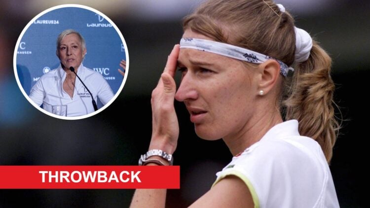 Steffi Graf looks on during the Wimbledon final in 1999, with an inset of Martina Navratilova during a press conference at the Palacio de Cibeles.