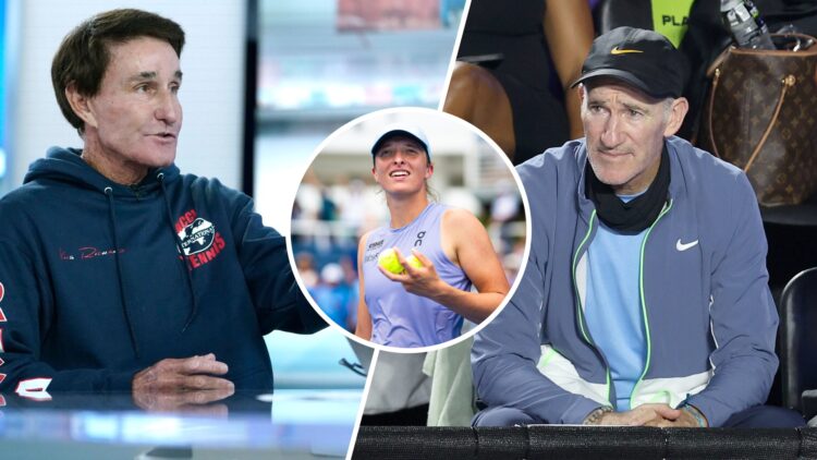 Split image of Professional tennis coach Rick Macci is interviewed by segment anchors Trace Gallagher and Dana Perino at Fox News' "America's Newsr...