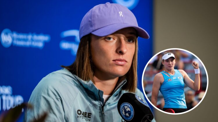 Iga Swiatek at a press conference, with an inset of Elena Rybakina celebrating in Montreal.