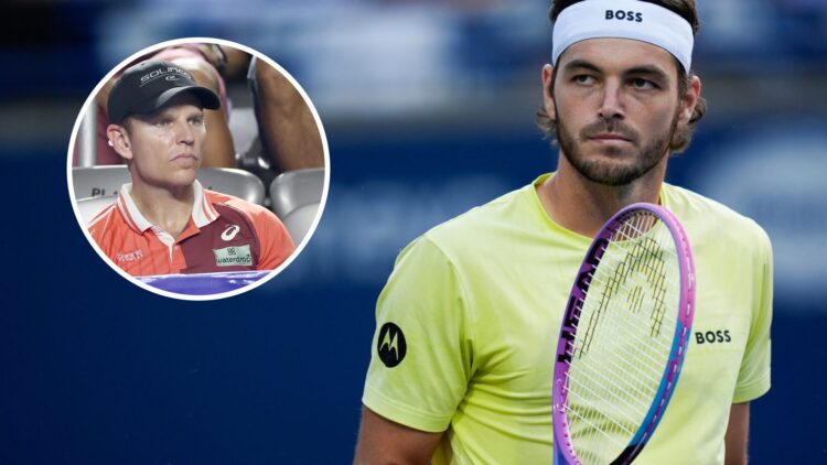 Image of Taylor Fritz celebrating a point against Andrey Rublev at the 2025 Canadian Open, inset of Michael Russell watching on during the 2024 Mex...