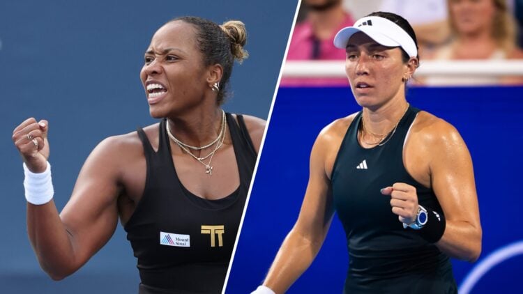 Split image of Taylor Townsend celebrating at the 2025 US Open and Jessica Pegula celebrating at the 2025 Cincinnati Open