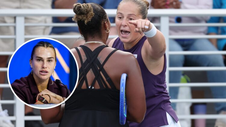 Main: Jelena Ostapenko and Taylor Townsend have a heated chat at the 2025 US Open. Inset: Aryna Sabalenka speaks to the media at the 2025 US Open.