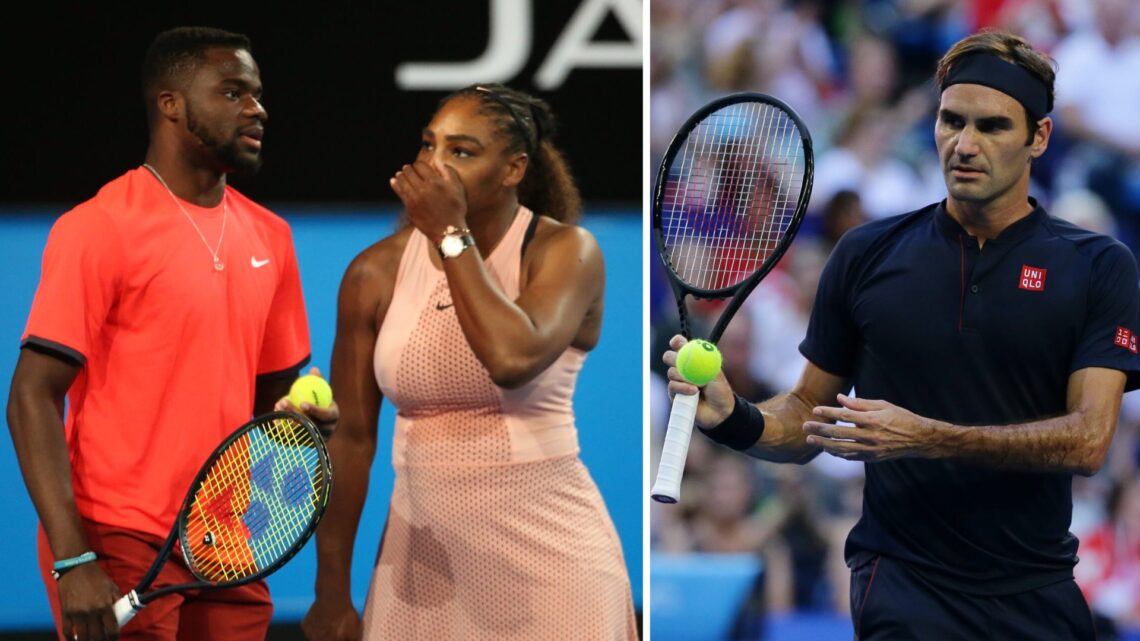 Split image of Frances Tiafoe and Serena Williams of the United States talk tactics in the mixed doubles match against Roger Federer and Belinda Be...