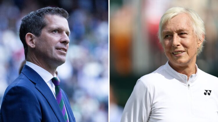 Split image of Tim Henman (L) and Martina Navratilova (R) at Wimbledon 2024