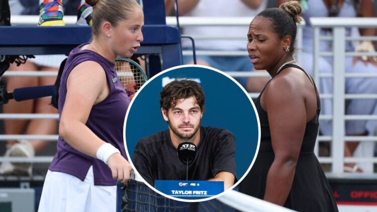 Jelena Osatepenko and Taylor Townsend meet at the net at the US Open, with an inset of Taylor Fritz at a Canadian Open press conference.
