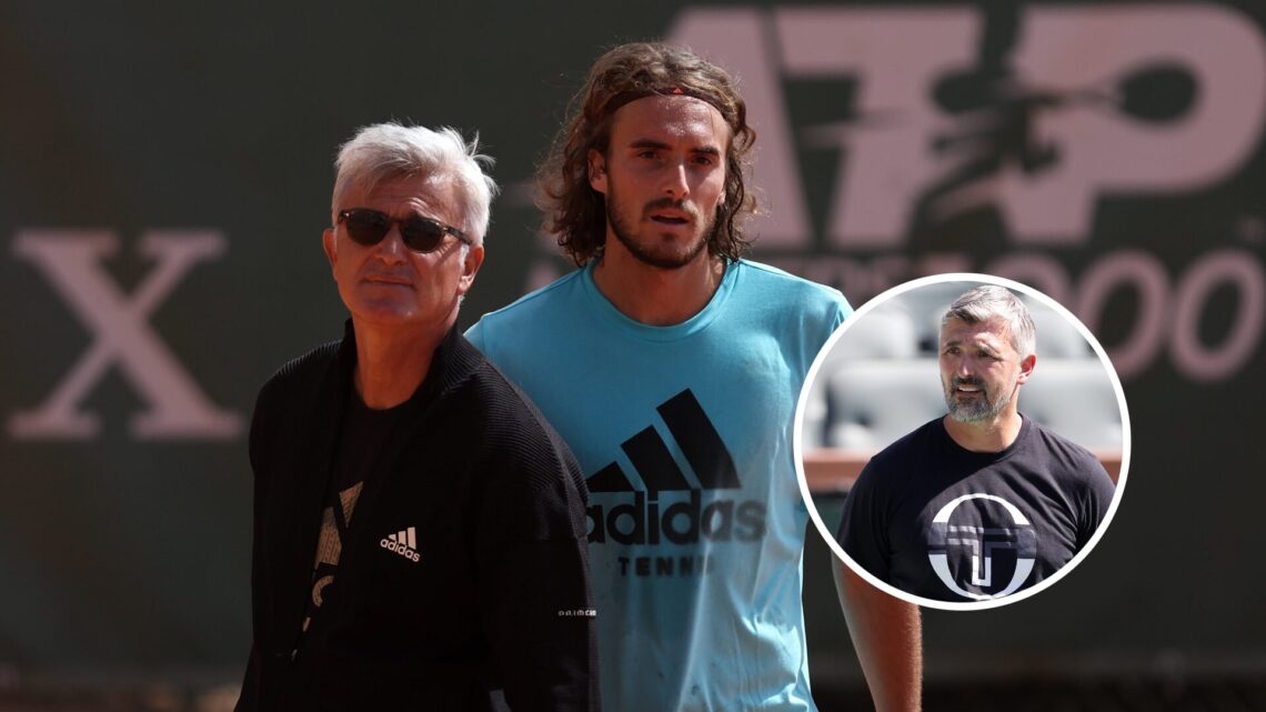 Apostolos Tsitsipas and Stefanos Tsitsipas looking on in Monte-Carlo, with an inset of Goran Ivanisevic looking on at the 2024 Indian Wells tournam...