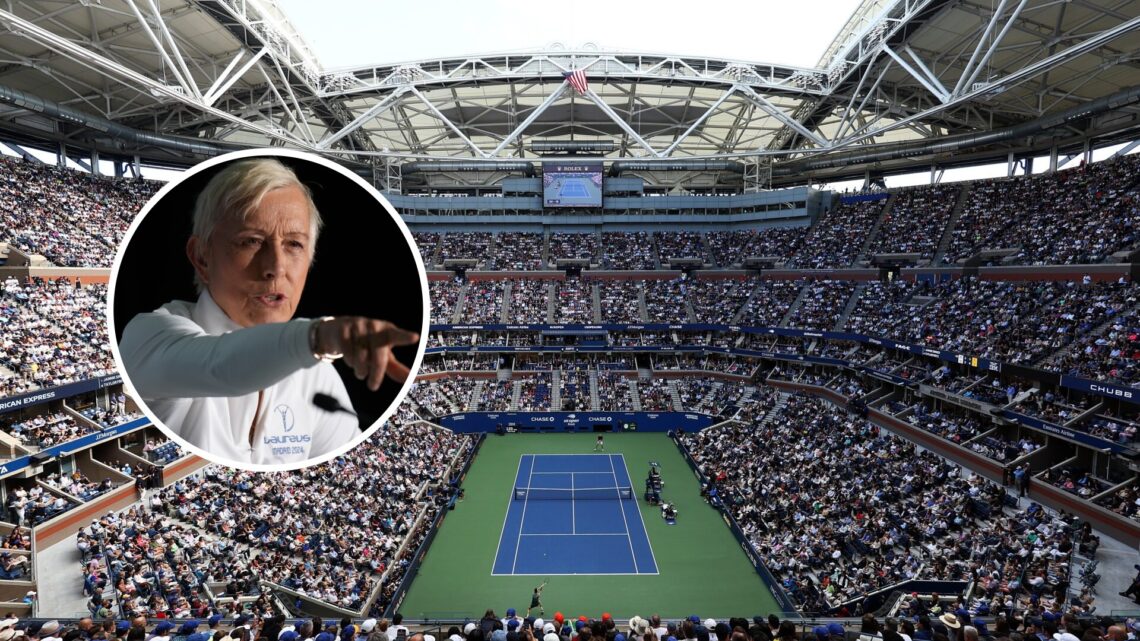 Main: An overhead shot of Arthur Ashe stadium at the US Open. Inset: Martina Navratilova speaks at a press conference prior to the Laureus World Sp...