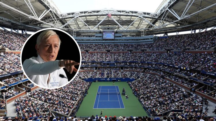 Main: An overhead shot of Arthur Ashe stadium at the US Open. Inset: Martina Navratilova speaks at a press conference prior to the Laureus World Sp...