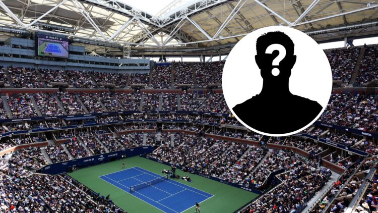 Main: An overhead shot of Arthur Ashe stadium at the 2024 US Open. Inset: mystery logo