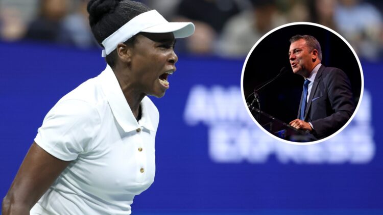 Image of Venus Williams reacting during her first-round match at the 2025 US Open, inset of Jon Wertheim speaking at the 2022 International Tennis ...