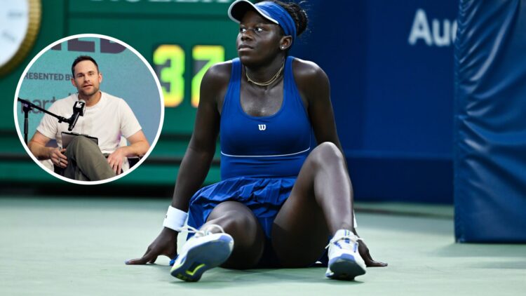 Main: Victoria Mboko falls to the ground during the Canadian Open semifinals. Inset: Andy Roddick speaks at the Served live podcast at the Vox Medi...