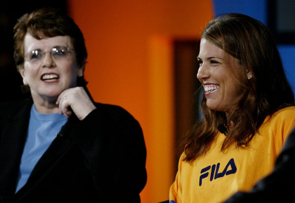 Billie Jean King and Jennifer Capriati share a laugh ahead of the 2002 Australian Open