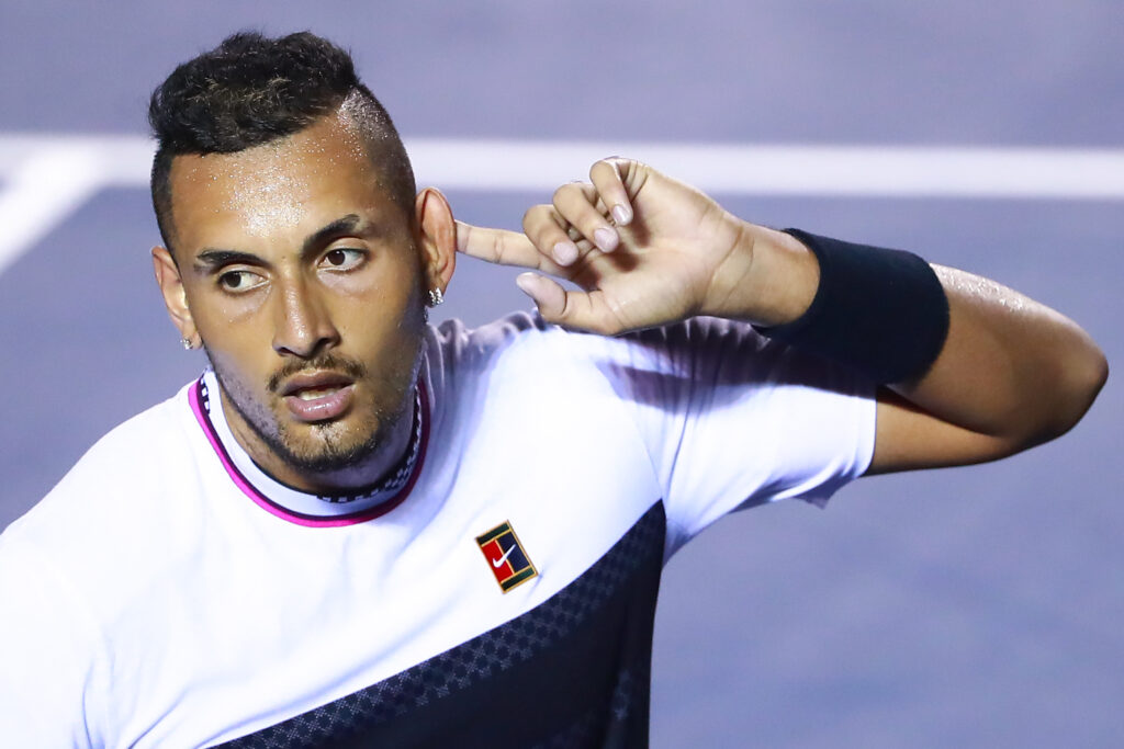 Nick Kyrgios celebrates his win over Rafael Nadal at the Mexican Open.
