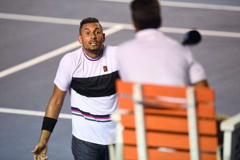 Nick Kyrgios argues with an umpire during his second-round clash with Rafael Nadal at the 2019 Mexican Open.