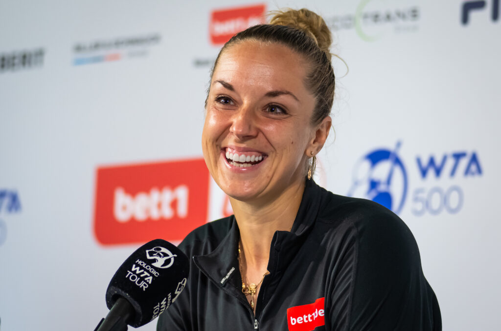 Sabine Lisicki of Germany talks to the media after losing to Caroline Garcia of France in the first round on Day 3 of the bett1open 2023 Berlin at LTTC Rot-Weiß e.V..
