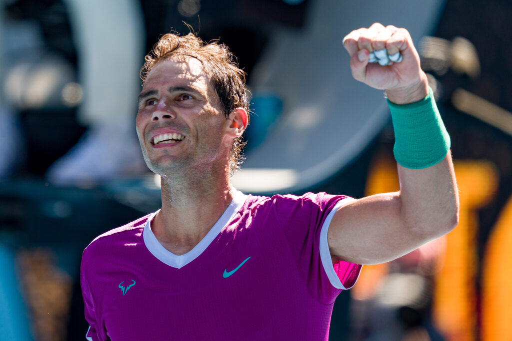 Rafael Nadal of Spain celebrates winning match poin in his first round singles match against Marcos Giron of United States during day one of the 2022 Australian Open at Melbourne Park.