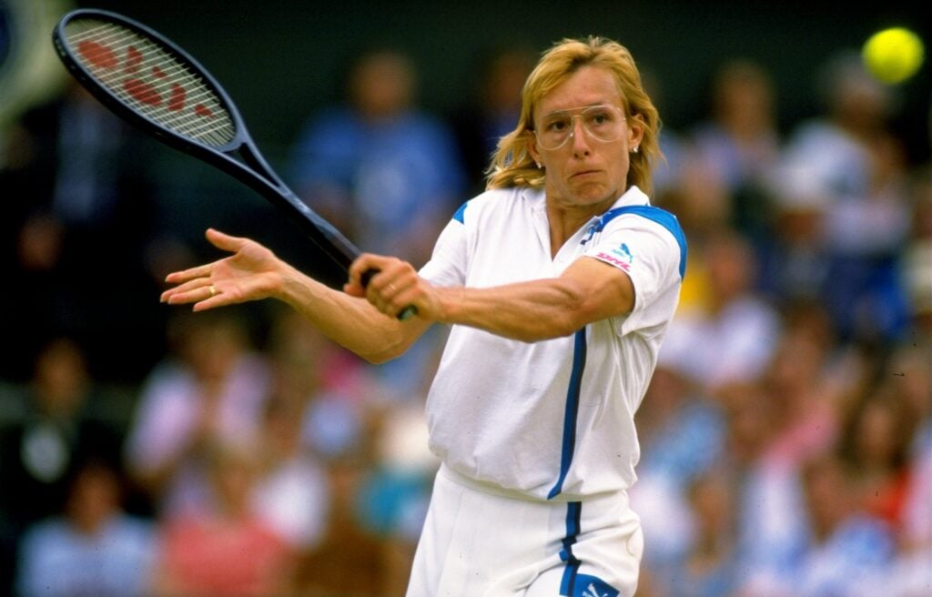 Martina Navratilova of the USA plays a backhand volley in the Womens'' semi-final during the Wimbledon Championships played at Wimbledon.