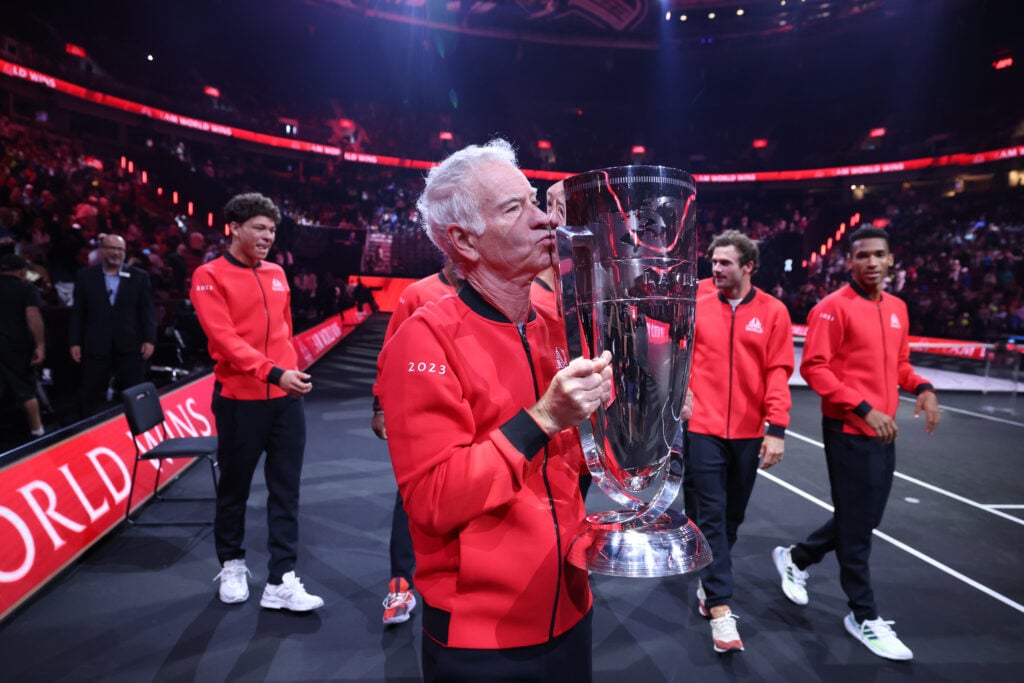 John McEnroe celebrates with the Laver Cup title in 2023