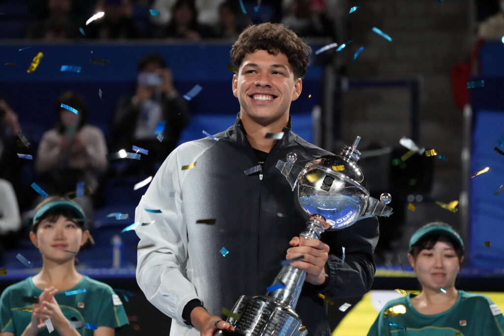 Ben Shelton of the United States poses with the trophy after defeating Aslan Karatsev of Russia their singles in the finals during day seven of the Kinoshita Group Japan Open at Ariake Coliseum.