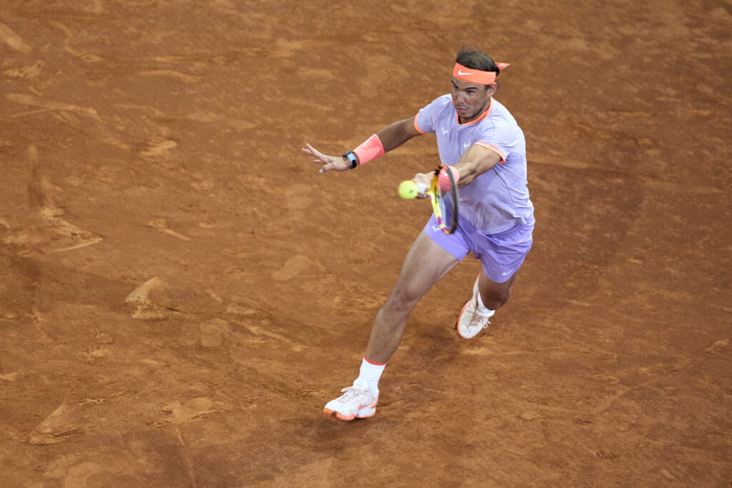 Rafael Nadal of Spain in action against Jiri Lehecka of the Czech Republic during their Men's Round of 16 match on day eight of the Mutua Madrid Open at La Caja Magica.