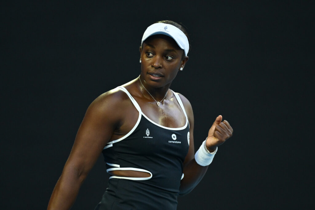 Sloane Stephens of the United States celebrates a point against Aryna Sabalenka in the Women's Singles First Round match during day one of the 2025 Australian Open at Melbourne Park.