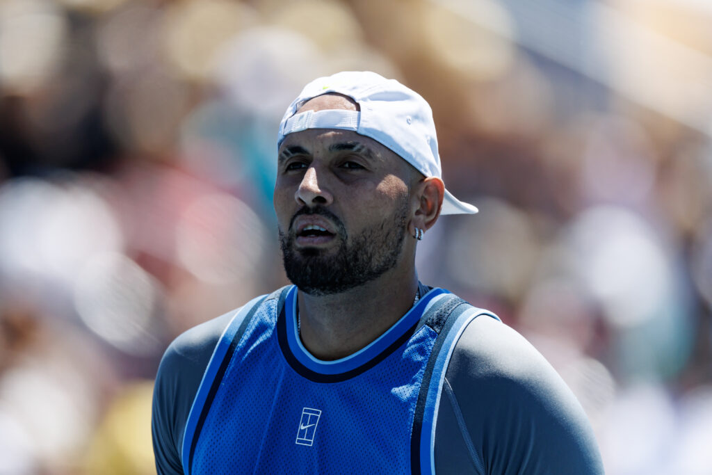 Nick Kyrgios of Australia looks dejected during his match against Karen Khachanov of Russia in the second round of the men's singles in the Miami Open at the Hard Rock Stadium.
