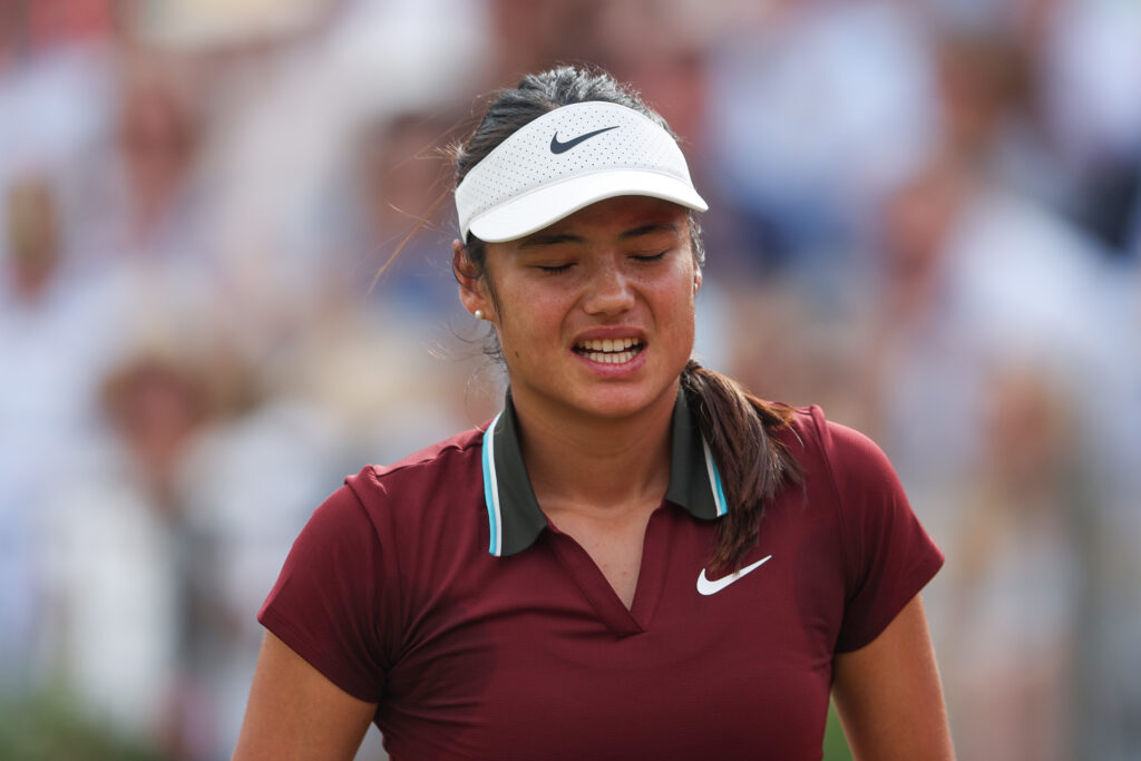 Emma Raducanu of Great Britain looks dejected against Zheng Qinwen of People's Republic of China during the Women's Singles Quarter Final match on Day Five of the 2025 HSBC Championships at The Queen's Club.