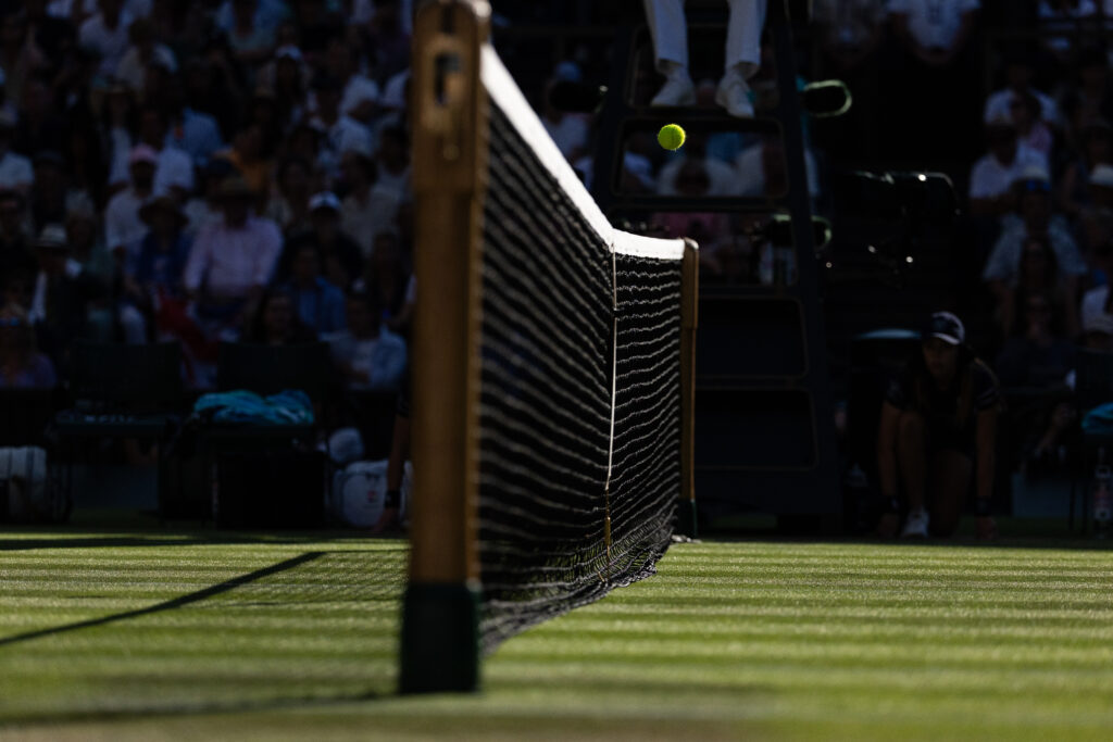 Tennis net during the Men's Singles Quarterfinal match between Carlos Alcaraz of Spain and Cameron Norrie of United Kingdom during the Men's Singles Quarterfinal at The Wimbledon Lawn Tennis Championship at the All England Lawn and Tennis Club at Wimbledon.