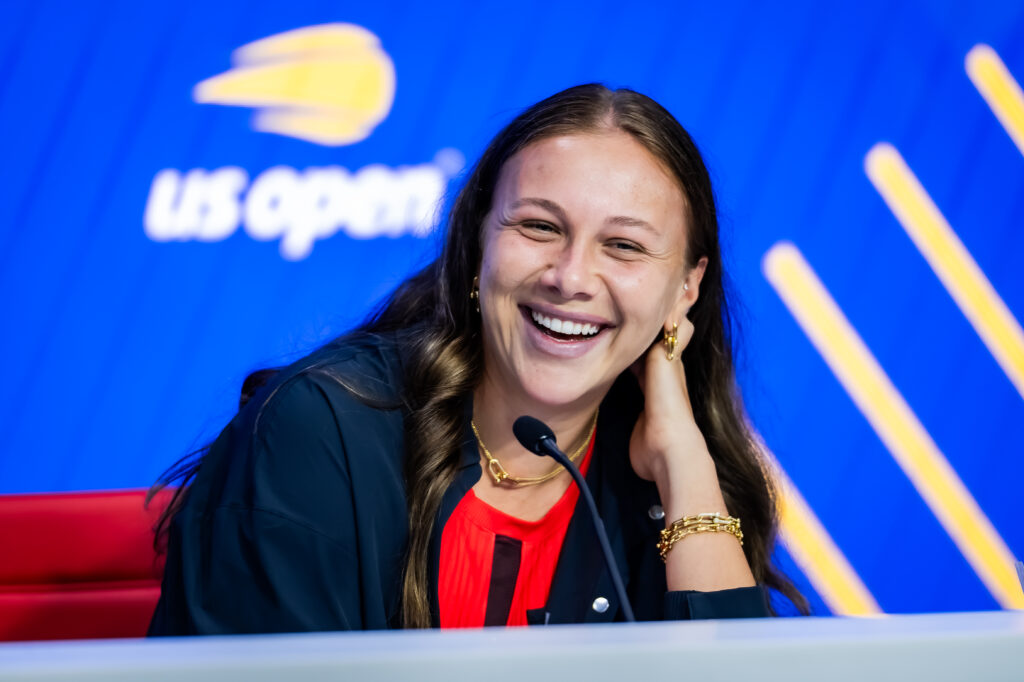 Amanda Anisimova of the United States talks to the media ahead of the US Open at USTA Billie Jean King National Tennis Center.