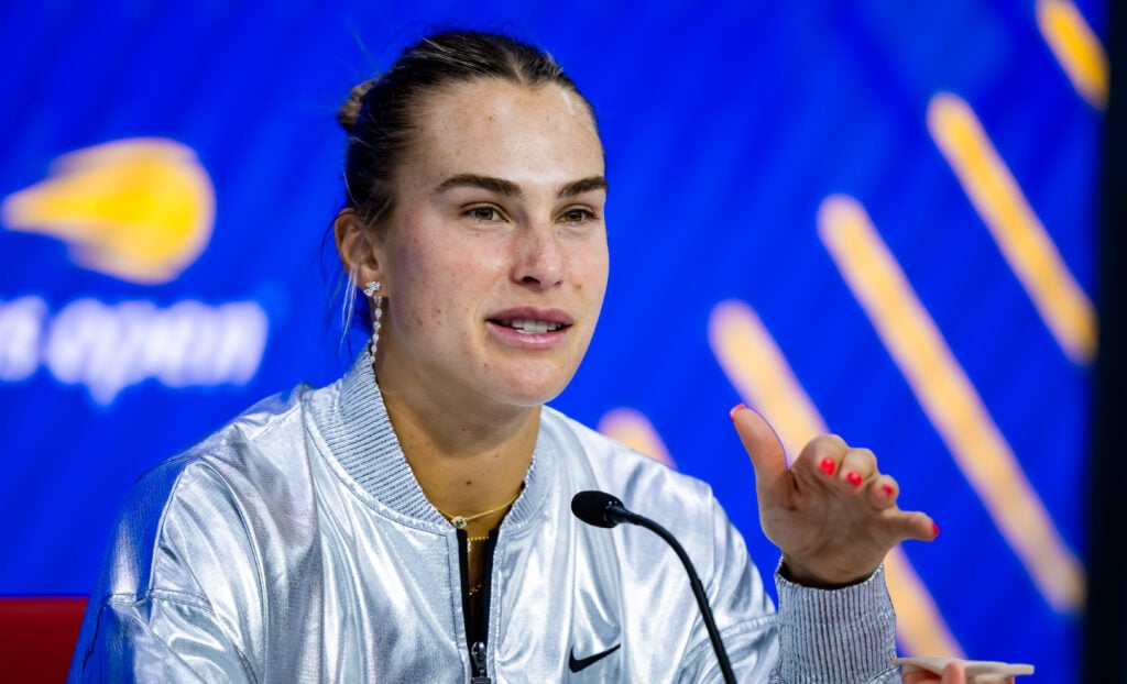 Aryna Sabalenka talks to the media after defeating Leylah Fernandez of Canada in the third round on Day 6 of the US Open at USTA Billie Jean King National Tennis Center.