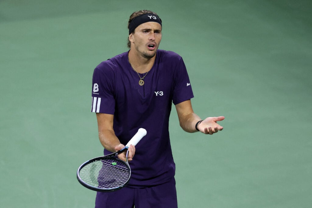 Alexander Zverev reacts after a point against Canada's Felix Auger-Aliassime during their men's singles third round match on day seven of the US Open tennis tournament at the USTA Billie Jean King National Tennis Center.