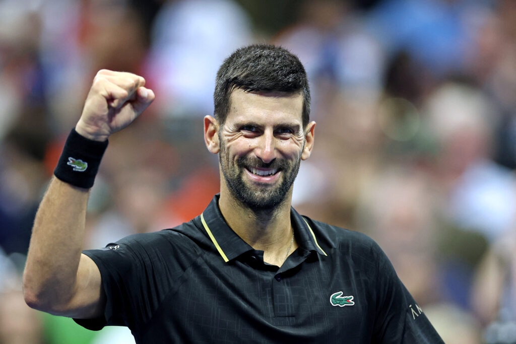 Novak Djokovic celebrates his fourth-round victory at the US Open.