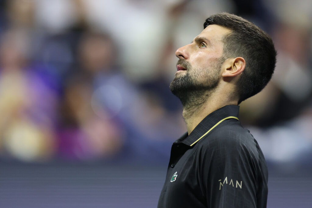 Novak Djokovic reacts during his match with Cameron Norrie at the 2025 US Open