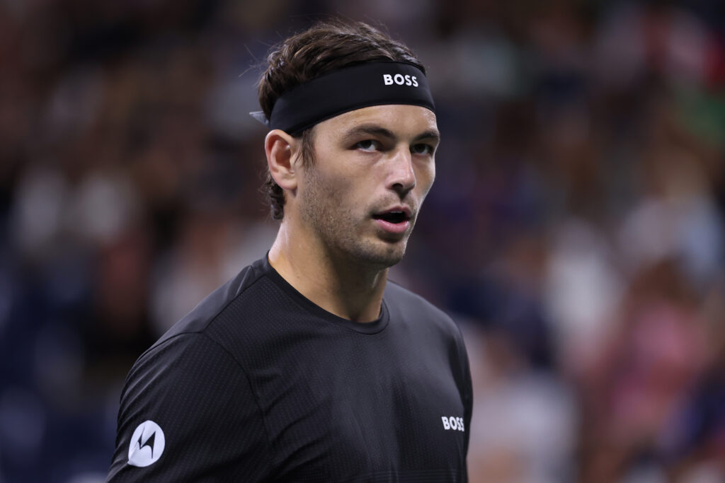 Taylor Fritz of the United States looks on against Jerome Kym of Switzerland during their Men's Singles Third Round match on Day Six of the 2025 US Open at USTA Billie Jean King National Tennis Center.