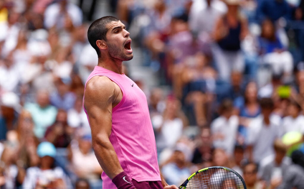 Carlos Alcaraz celebrates his win over Jiri Lehecka at the 2025 US Open