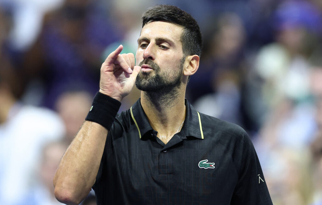 Novak Djokvovic celebrates after beating Taylor Fritz at the US Open.
