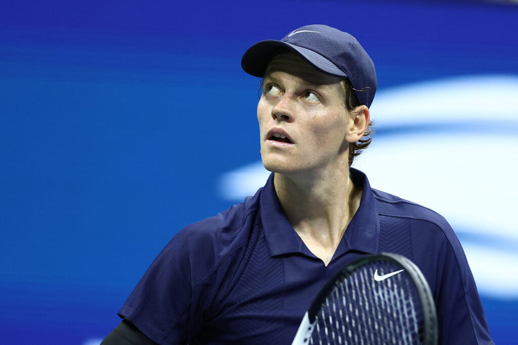 Jannik Sinner reacts after defeating Italy's Lorenzo Musetti during their men's singles quarterfinal tennis match on day eleven of the US Open tennis tournament at the USTA Billie Jean King National Tennis Center in New York City.